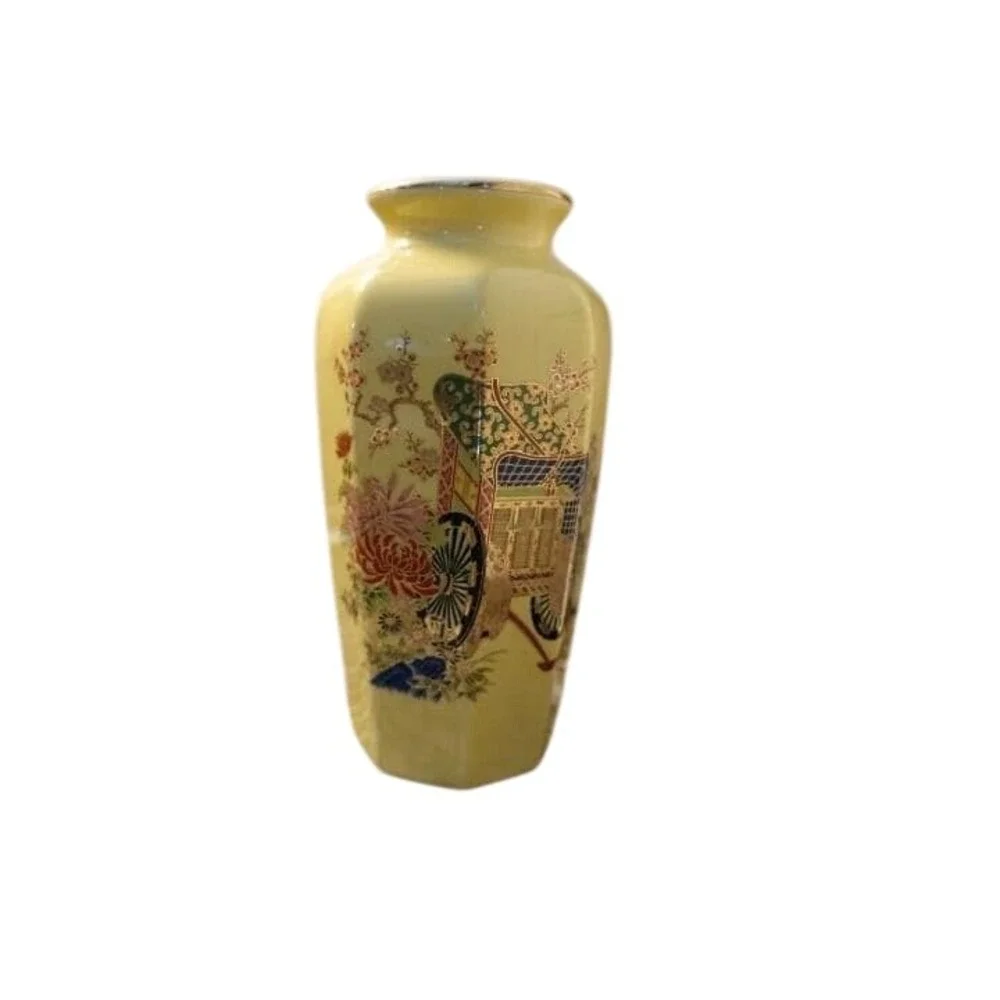 Vintage‎ Japanese Mustard Yellow Hexagonal Vase Gold Rickshaw Floral Art 6